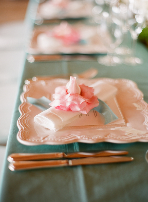 aqua tabletop decor wedding photo by Elizabeth Messina Photography